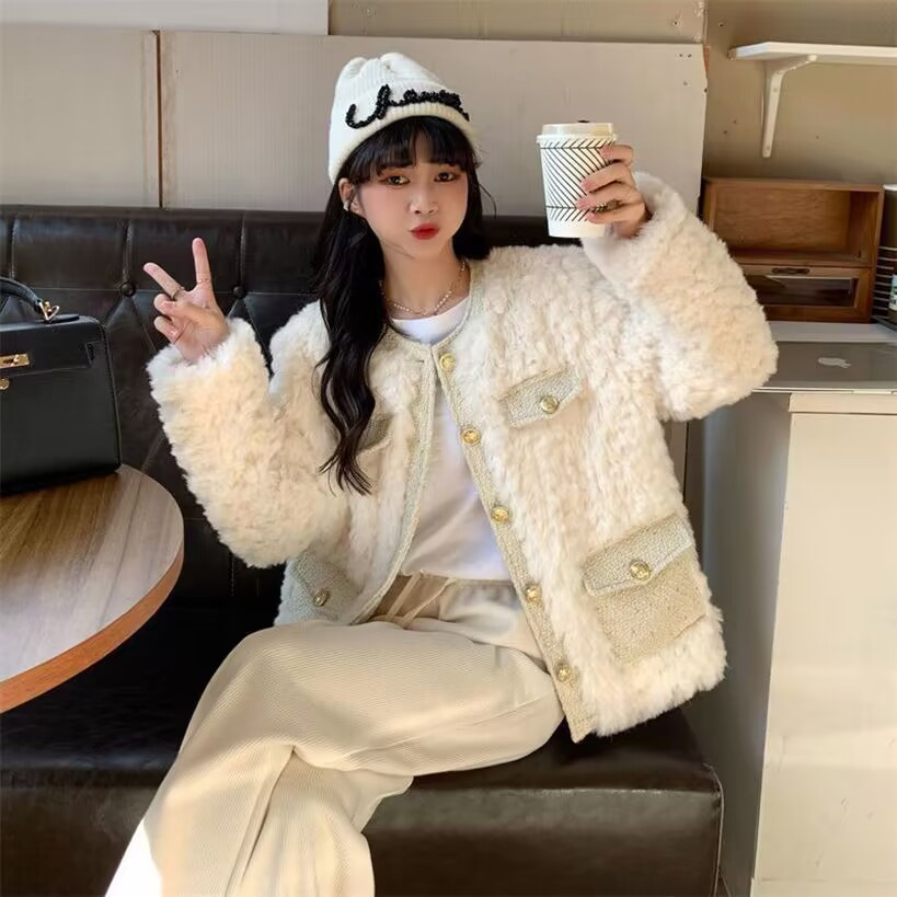 Thickened  style lamb wool coat for women 2023 autumn and winter all-matching new outdoor plush loose top ins fashion_voghion.com