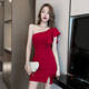 Red dress women's 2023 new summer fashion slant shoulder off-shoulder temperament socialite dress