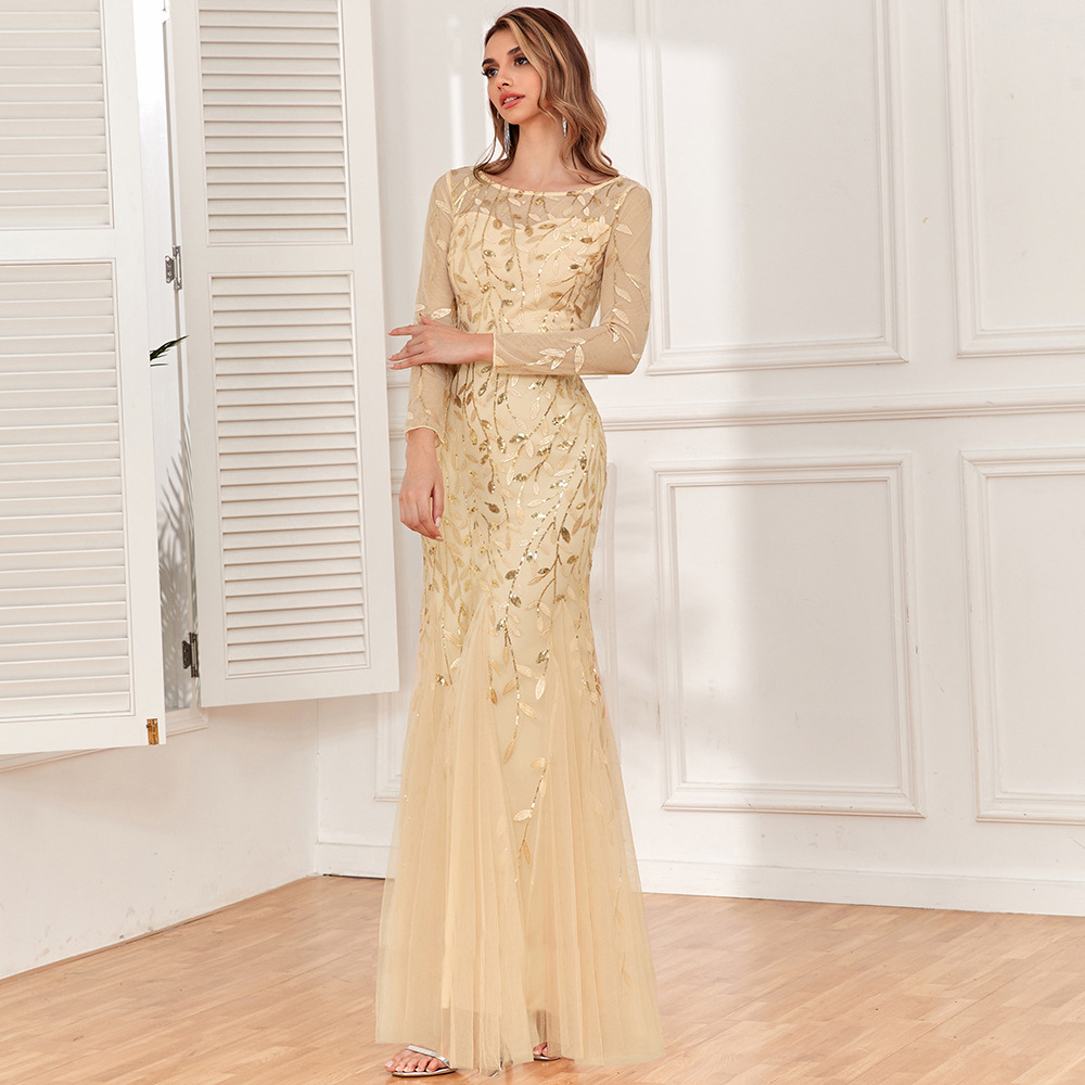 2024 Europe and the United States cross-border hot long sleeve round neck back zipper fishtail skirt banquet evening dress women in stock