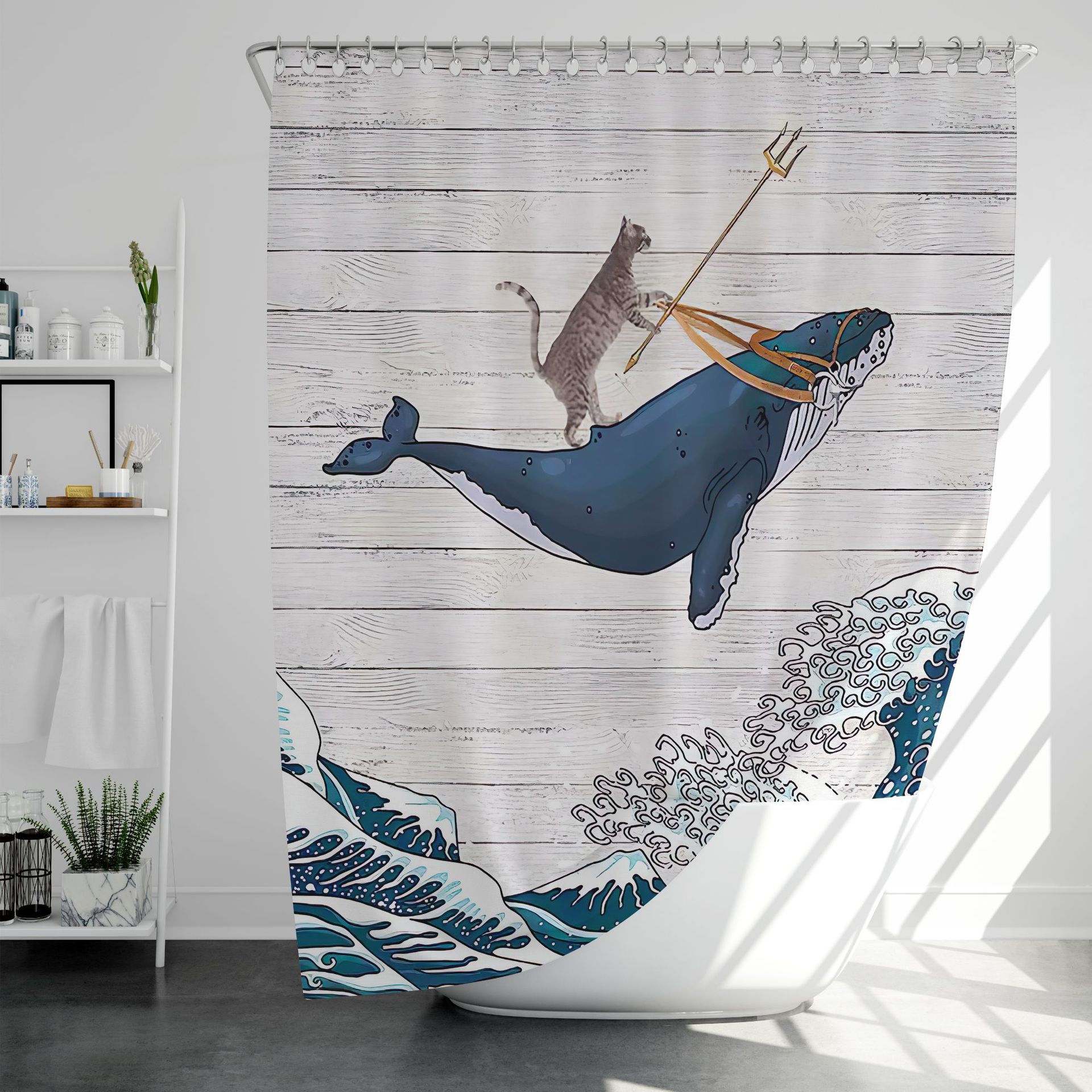 Cross-border distribution of goods a minimum order waterproof shower curtain fun cat riding whale shower curtain mat set