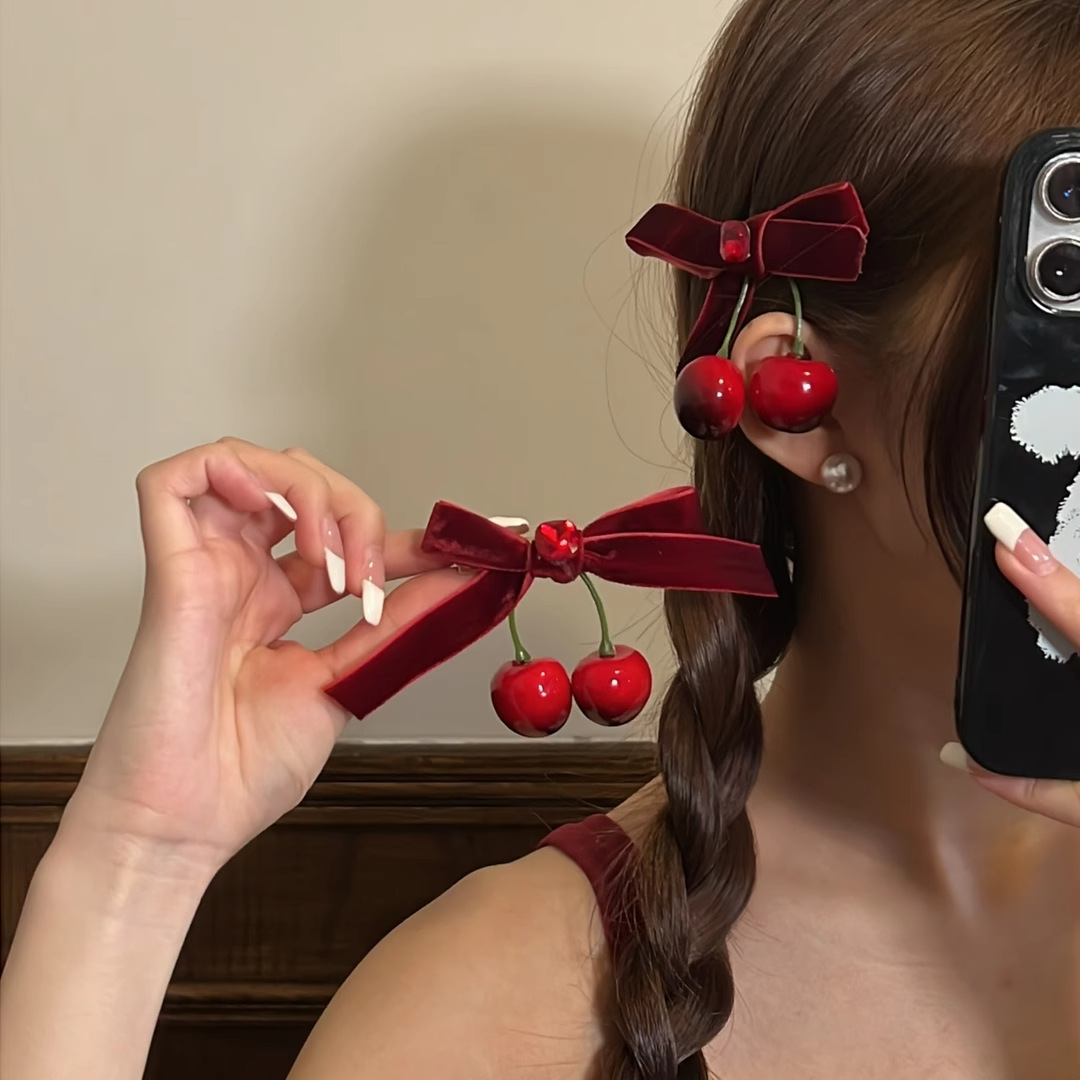 Winteratmosphäre kirschrote Schleife Samt Haarnadel Mädchen zurück Halbkrawatte Haarspange Kopfschmuck Haarschmuck_voghion.com