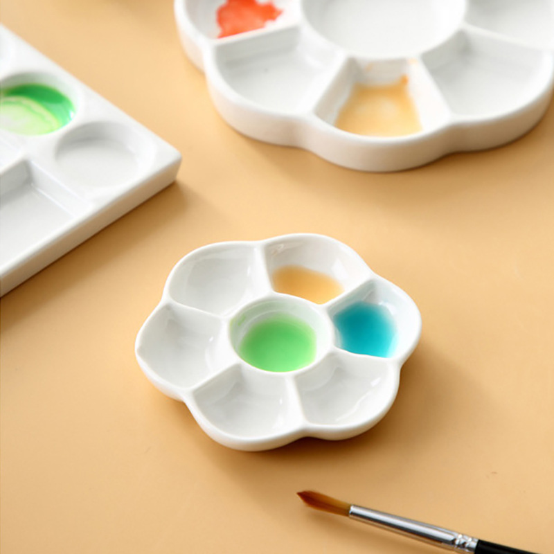 Ceramic palette Chinese painting watercolor gouache pigment plate multi-grid pure white square plate art student special painting paint plate