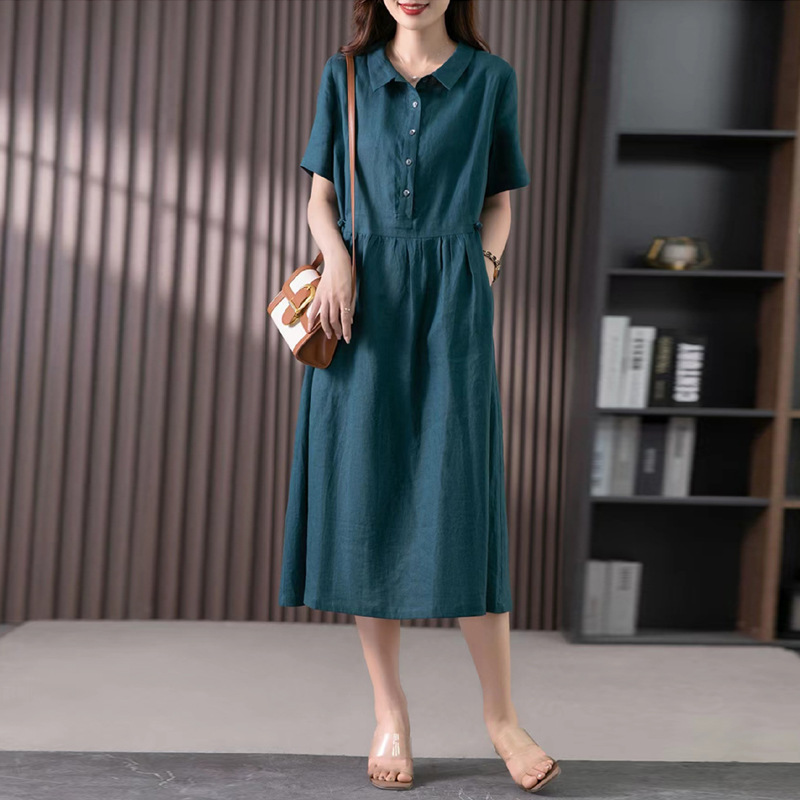 2023 Summer New Artistic Loose Stitching Solid Color Cotton and Linen Lap Short-sleeved Dress Women's Mid-length #6536