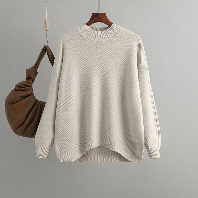 Autumn and Winter New Retro Loose Large Size Long Sleeve Top Solid Color Pullover Sweater Women's Half Turtleneck Sweater Base Shirt