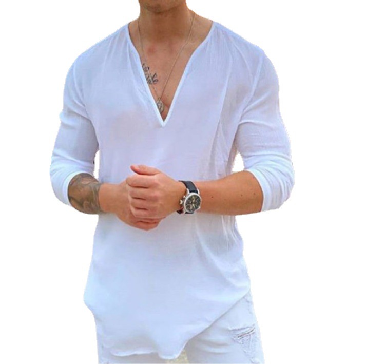 European and American Amazon Independent Station New Men's Shirt V-neck Casual Solid Color T-shirt 2023 Men's Cotton and Linen Shirt Long Sleeve