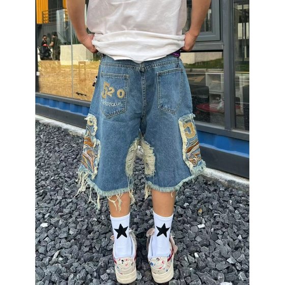European and American street fashion hip hop men and women couple ins fashion brand ripped Embroidered Tassel High Street Denim shorts