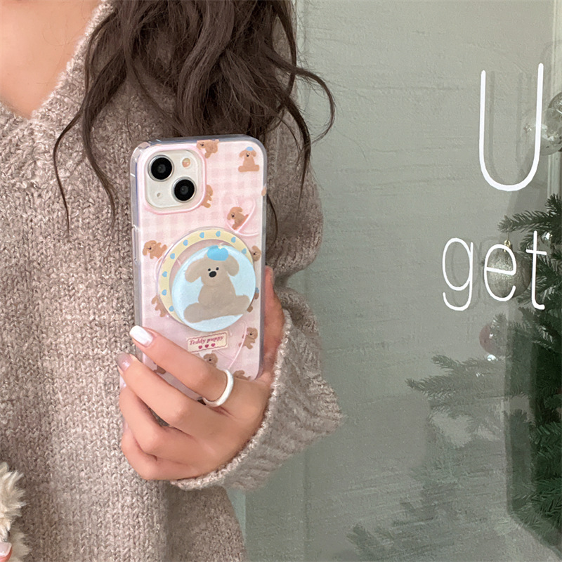 粉色格子小狗磁吸支架適用iphone15Promax蘋果14手機殼13雙層12女