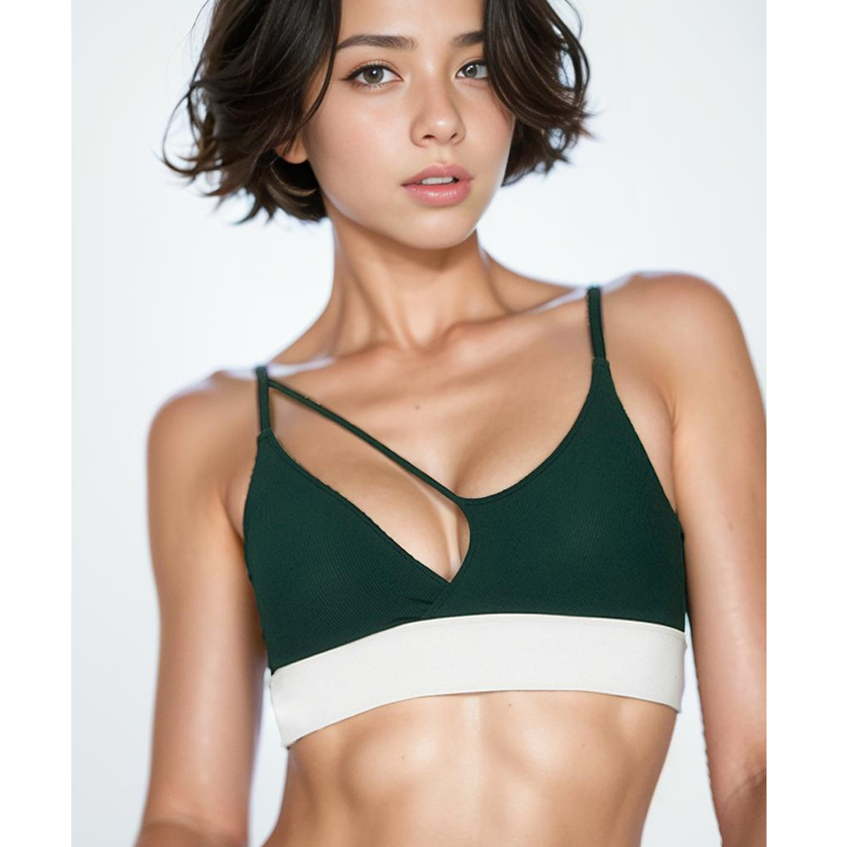 Women's outdoor beauty back sports underwear asymmetric strap contrast color push up bra shockproof fitness yoga top