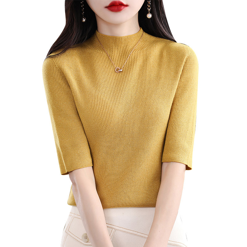 2023 Spring Knitwear Sweater Women's Slim-fit Half-turtleneck 5 Five-point Sleeve Base Sweater Women's Factory Batch