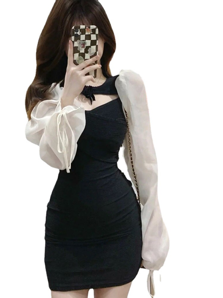 French Style Hepburn Style Hot Girl Autumn Design Chic Hollow Sexy Tight Waist Hip Skirt Black dress Women
