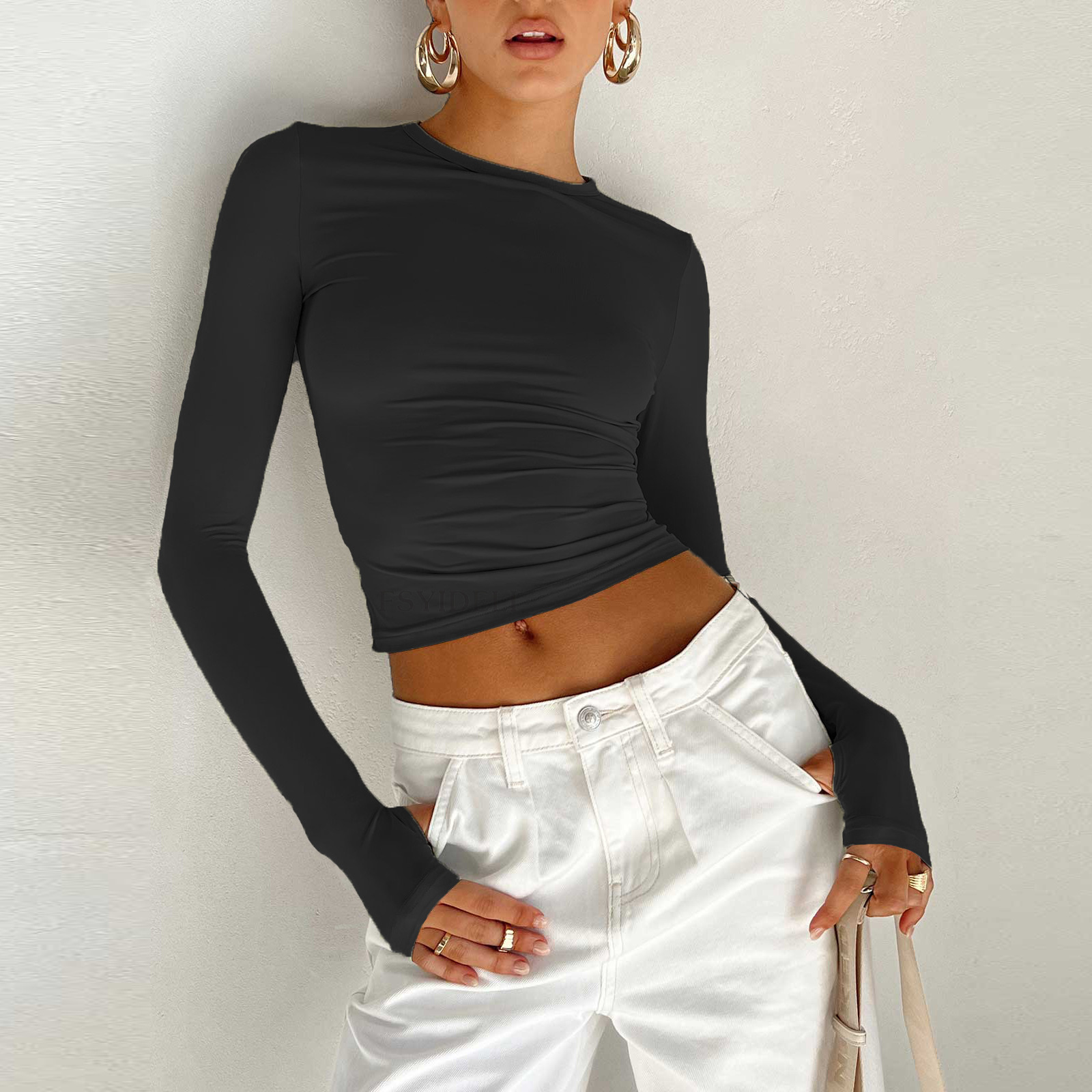 European and American Women's Solid Color Base Crew Neck Cuff Hole T-shirt Spice Girls Slim-fit Slimming Long Sleeve Top T-shirt Spring Autumn Winter