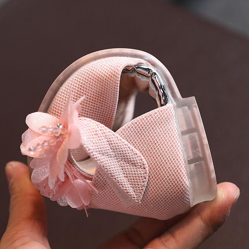 Children's peep toe Princess sandals summer new girls' sandals Pearl Flower Fashion soft bottom flat sandals