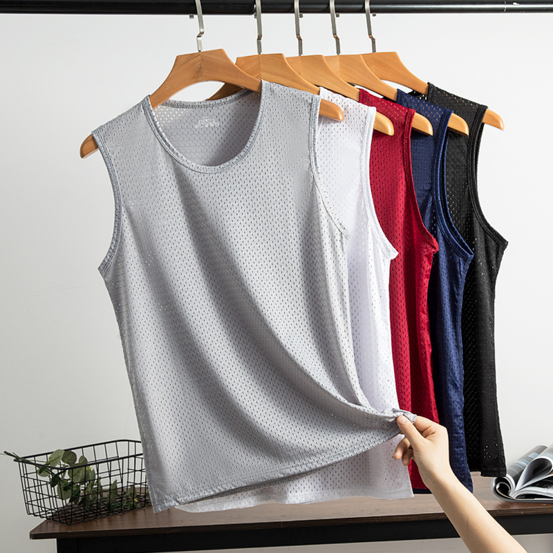Men's Ice Silk Mesh Hollow Ice Cool Vest Men's Summer Thin Vest Slim-fit Sports Breathable Fitness Base Shirt