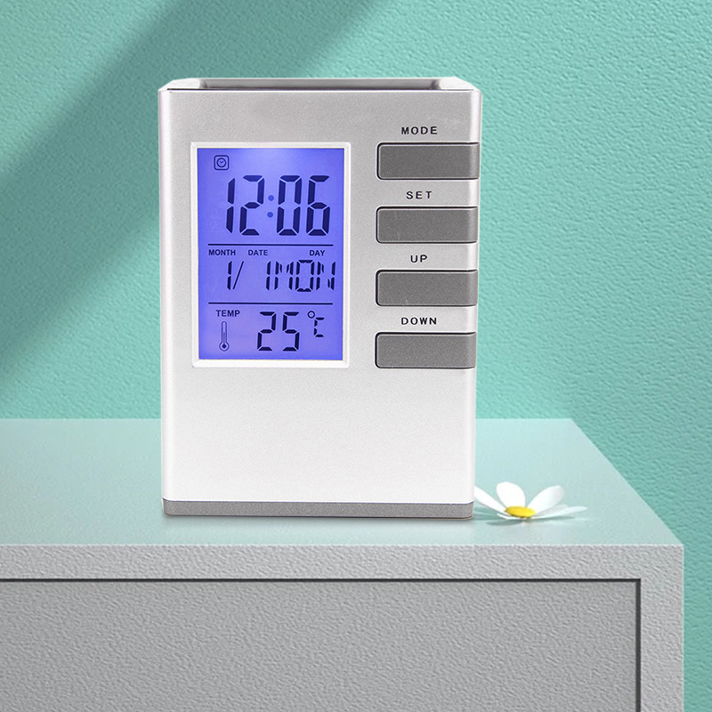 Factory sales calendar pen holder clock office student alarm clock thermometer multifunctional gift pen holder alarm clock