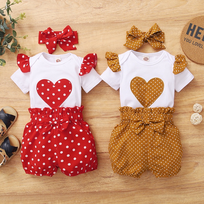2022 Cross-border Spring and Summer New Suit Love Short Sleeve Hapi Po Dot Shorts Turban Three-piece Set in Stock