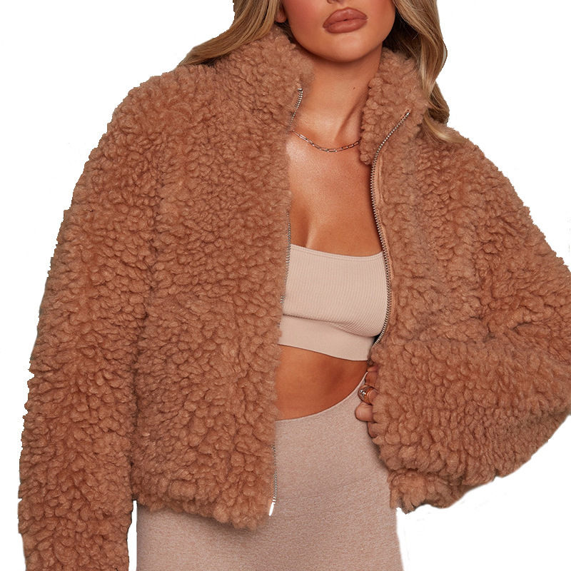 2022 autumn and winter Europe and the United States cross-border women's clothing Amazon new plush cardigan short jacket lambswool coat women