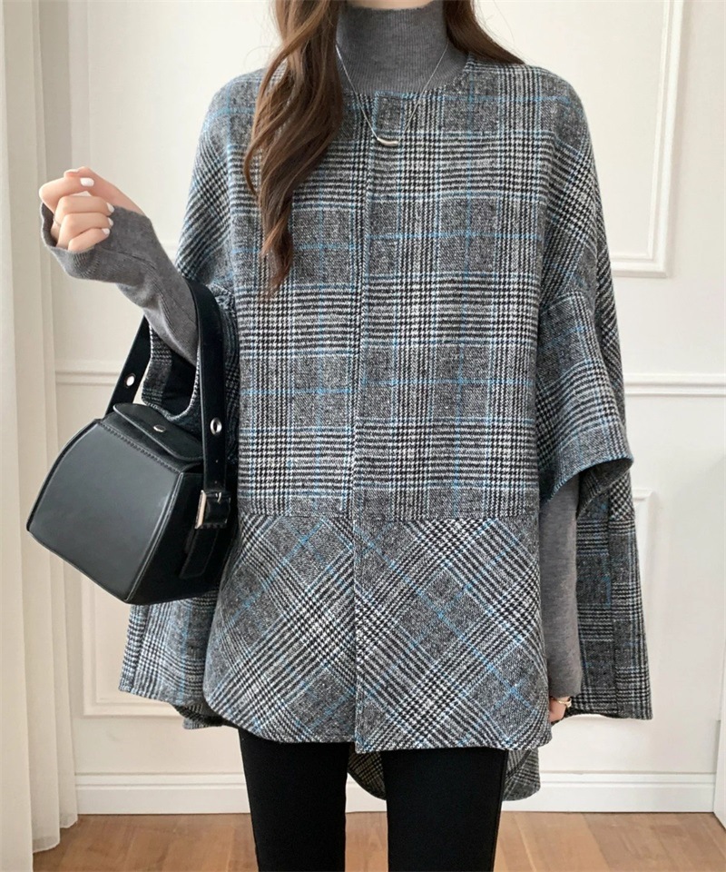 Mid-length cardigan round neck plaid coat cape for women 2024 autumn and winter New Korean style fashion trendy coat for women_voghion.com