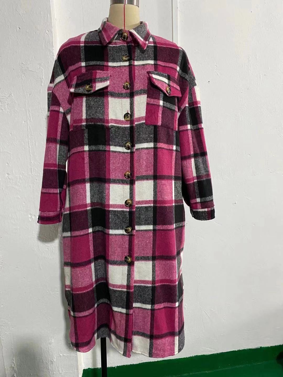 2022 autumn and winter European and American temperament windbreaker coat side slit lapel loose woolen plaid shirt coat in stock_voghion.com