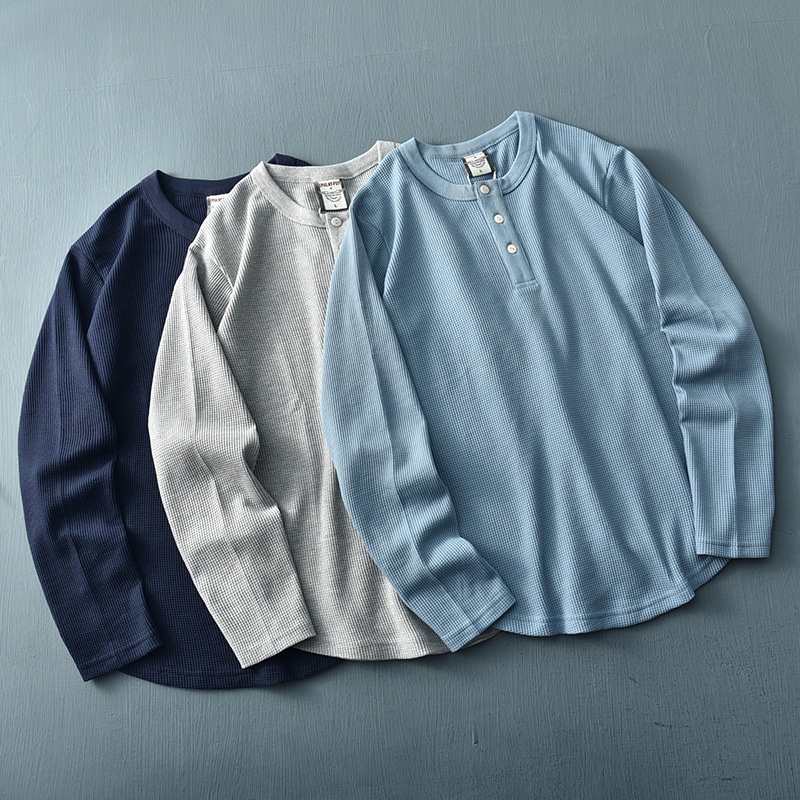 280g heavy waffle henley collar T-shirt men's long sleeve solid color round neck bottoming shirt