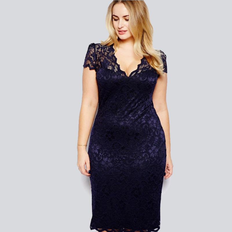 INS Amazon 2021 New V-neck dress AliExpress European and American spring and summer short sleeve large size lace dress women's clothing