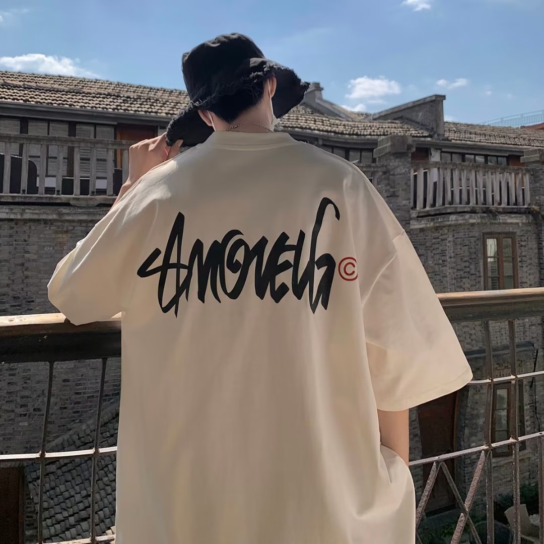 100% heavy cotton American retro short-sleeved T-shirt men's ins fashion brand design loose summer vintage top