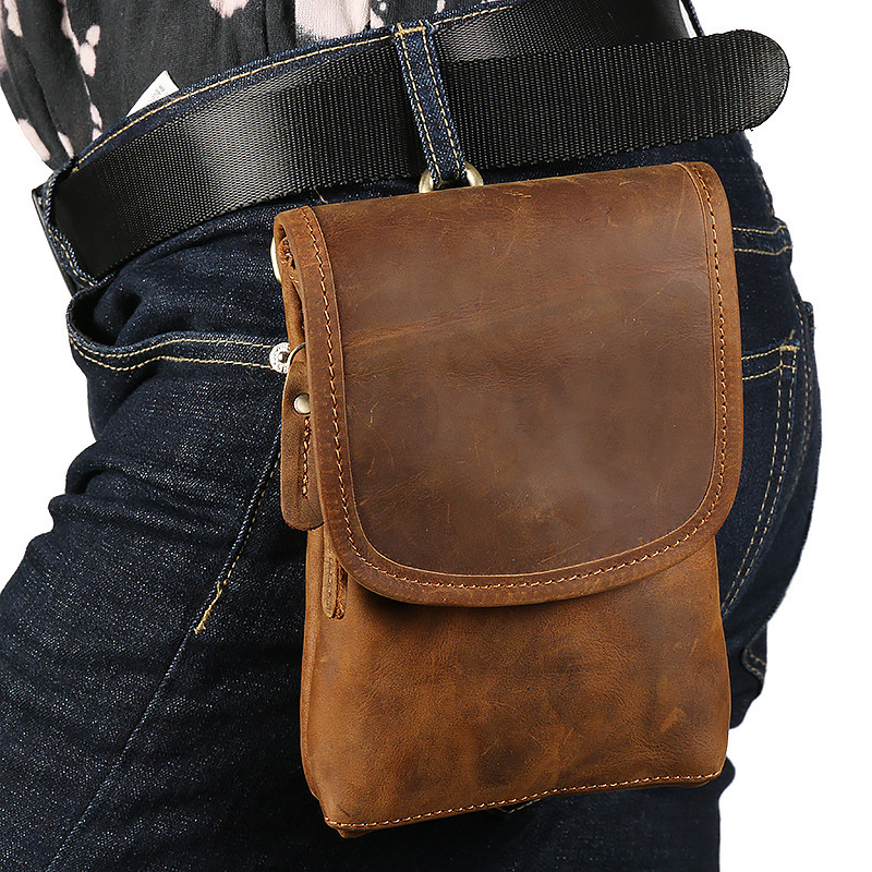 Crazy Horse Leather Men's Bag Men's Shoulder Crossbody Bag Genuine Leather Mobile Phone Waist Bag Wear Pants Belt Top Layer Cowhide Small Satchel