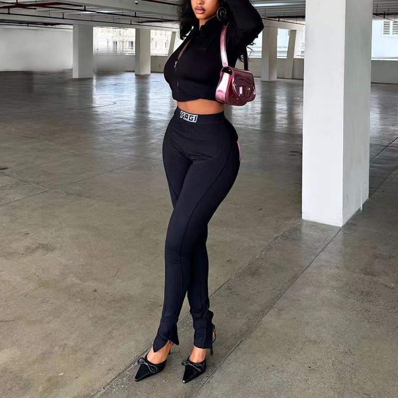 Long-sleeved knitted zipper top tight trousers two-piece suit European and American foreign trade women's clothing Amazon Africa hot sale