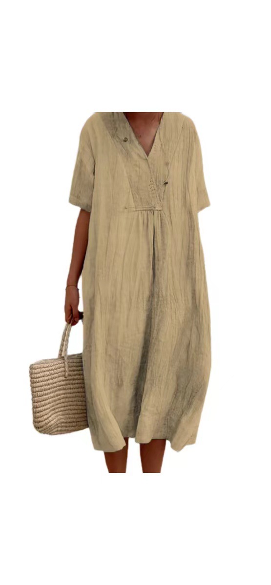 2024 Amazon Explosions Cotton and Linen in stock Women's Solid Color Large V-Collar Fashion dress