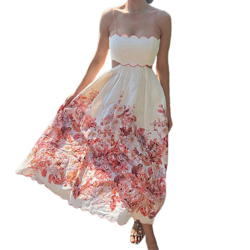 Fashion strap printed dress 2024 summer sleeveless slim ladies holiday A dress