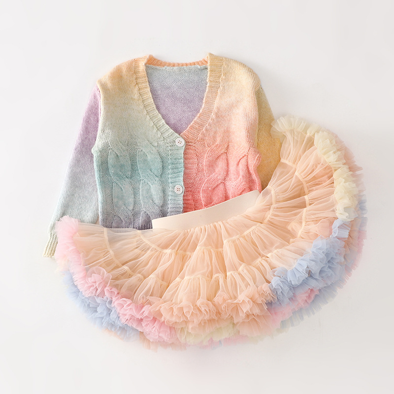 Yiwu Leaf Girl's Autumn Rainbow Knitted Cardigan Jacket TUTU Skirt Matching Top Mesh Half Skirt
