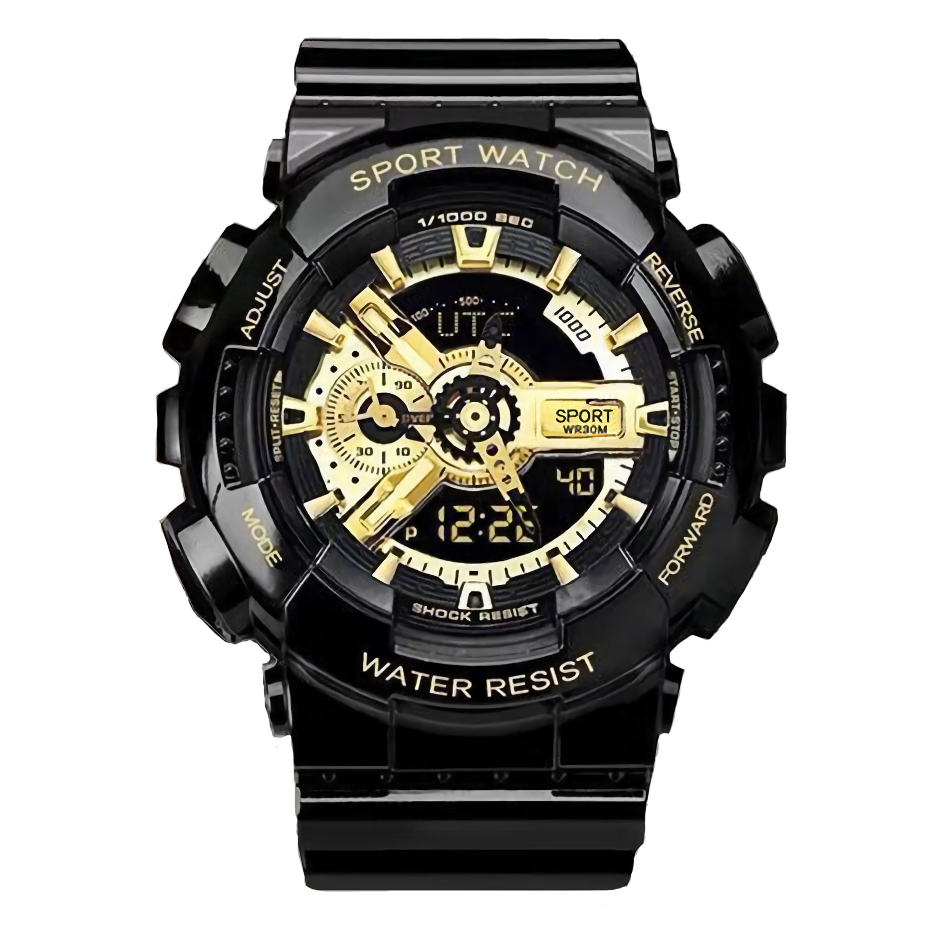 Factory wholesale trendy black gold men's electronic watch fashion outdoor sports alarm clock dual display pointer watch male students