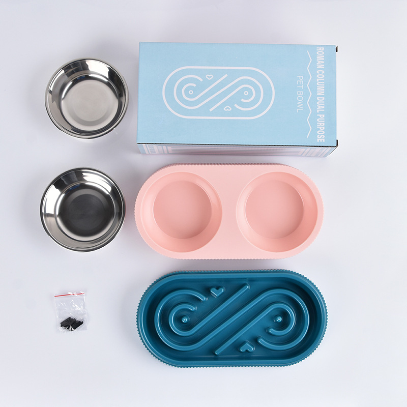 Double-layer Roman Column Pet Bowl Stainless Steel Neck Protection Cat Bowl Dog Bowl Contrast Color Pet Slow Food Basin Pet Supplies