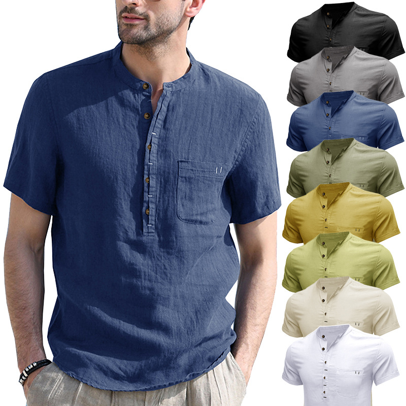 Foreign trade cross-border men's clothing Henry collar solid color short-sleeved shirt Amazon European and American men's cotton and linen shirt wholesale supply