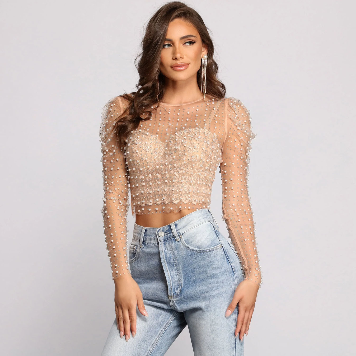 2023 Cross-border Summer Amazon AliExpress Independent Station Explosions Women's Hot Drilling Bubble Beads Bubble Sleeve Mesh Jacket