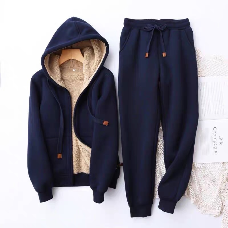 Fleece-lined thickened casual fashion suit women's autumn and winter New slimming hooded cardigan jacket sports pants two-piece suit fashion