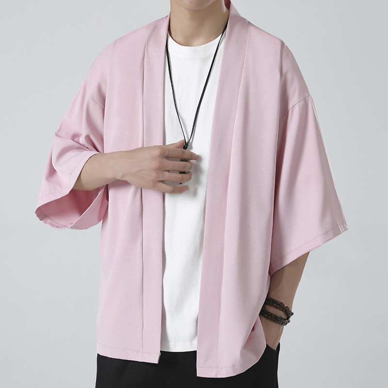 Daifa Summer Chinese Style Seven-point Sleeve Thin Ice Silk Sun Protection Clothing Large Size Couple Casual Solid Color Cloak Jacket for Men
