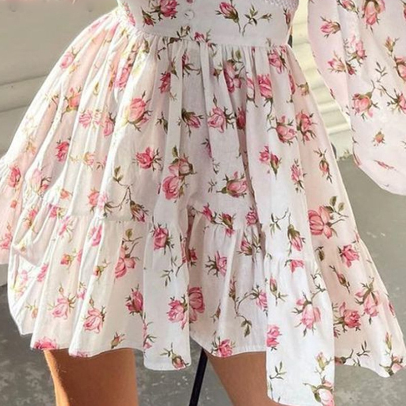 2025 Spring Independent Station European and American Women's New Elegant Sweet Printed V-Neck Lace Waisted Short dress