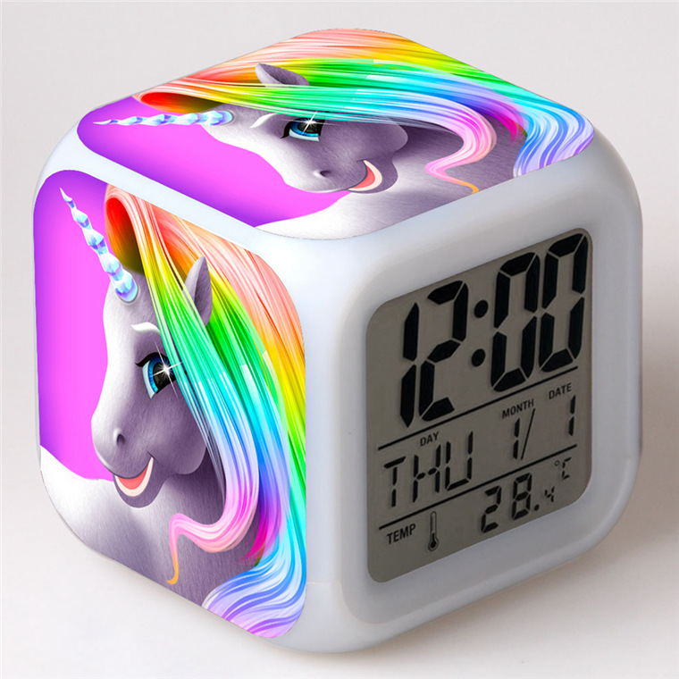 Cross-border e-commerce hot sale supply unicorn colorful alarm clock square clock student children creative gift color changing alarm clock