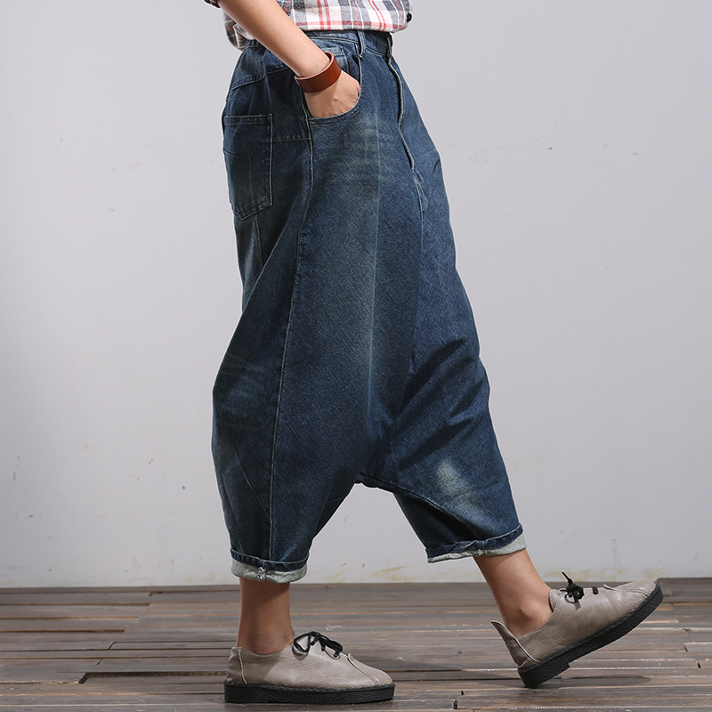 2024 new artistic blue twill cotton Denim large pull-up pants harem pants factory wandering notes