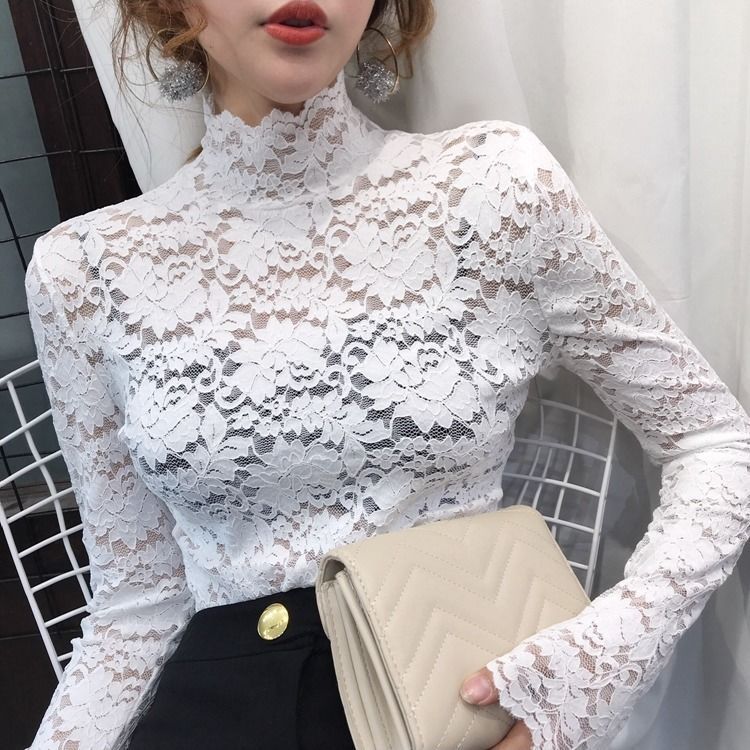2023 new lace bottoming shirt women's autumn and winter long sleeve Western style inner top elegant slim sexy lace shirt fashion