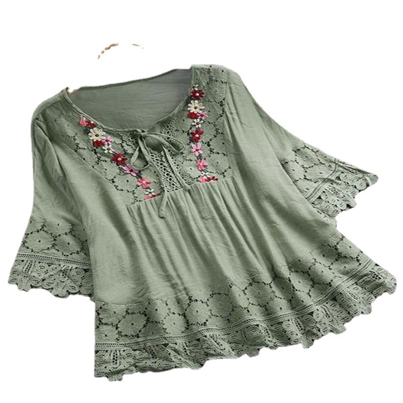 New 2022 summer Amazon cotton and linen stitching lace elegant European and American V-neck loose women's top