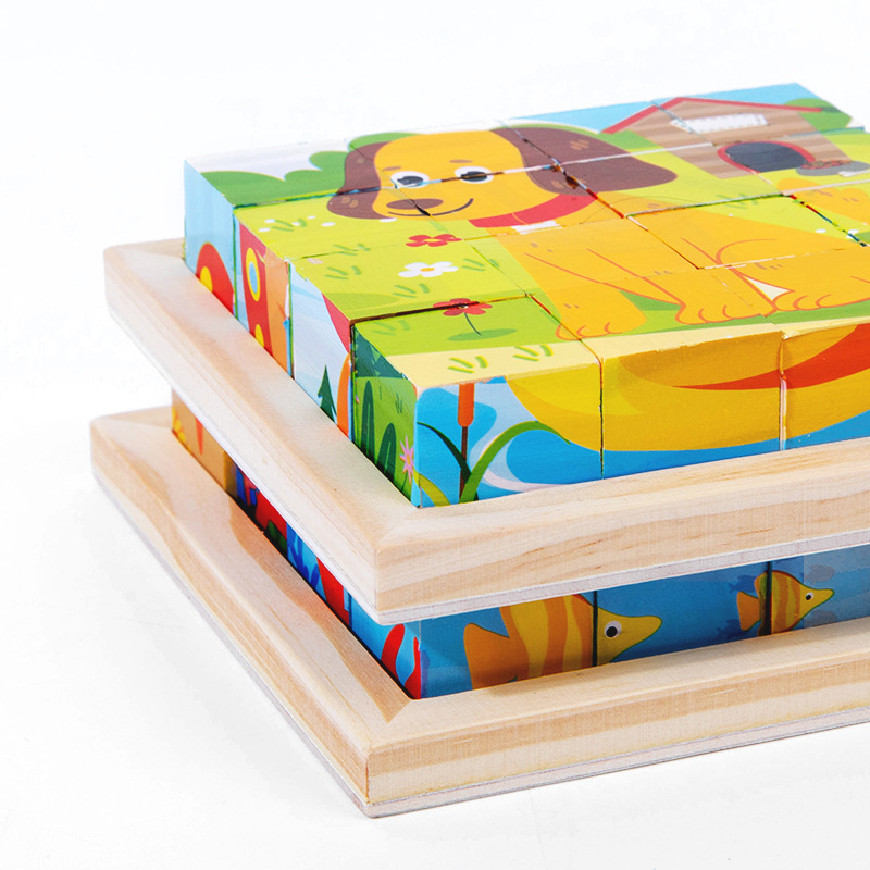 Wooden Six-face Painting Children's 3D Three-dimensional Building Blocks Puzzle Animal Traffic Dinosaur Cognitive Creative Building Blocks Toys