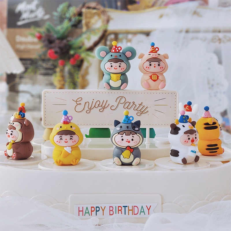 Mingkang Soft Glue Twelve Zodiac Cake Ornaments Party Hat Tiger Treasure Rabbit Baby Children's Birthday Party Baking Supplies