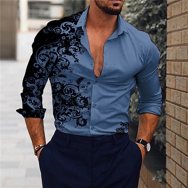 2023 cross-border foreign trade autumn new men's gradient 3D printing long sleeve shirt men's casual shirt Men's