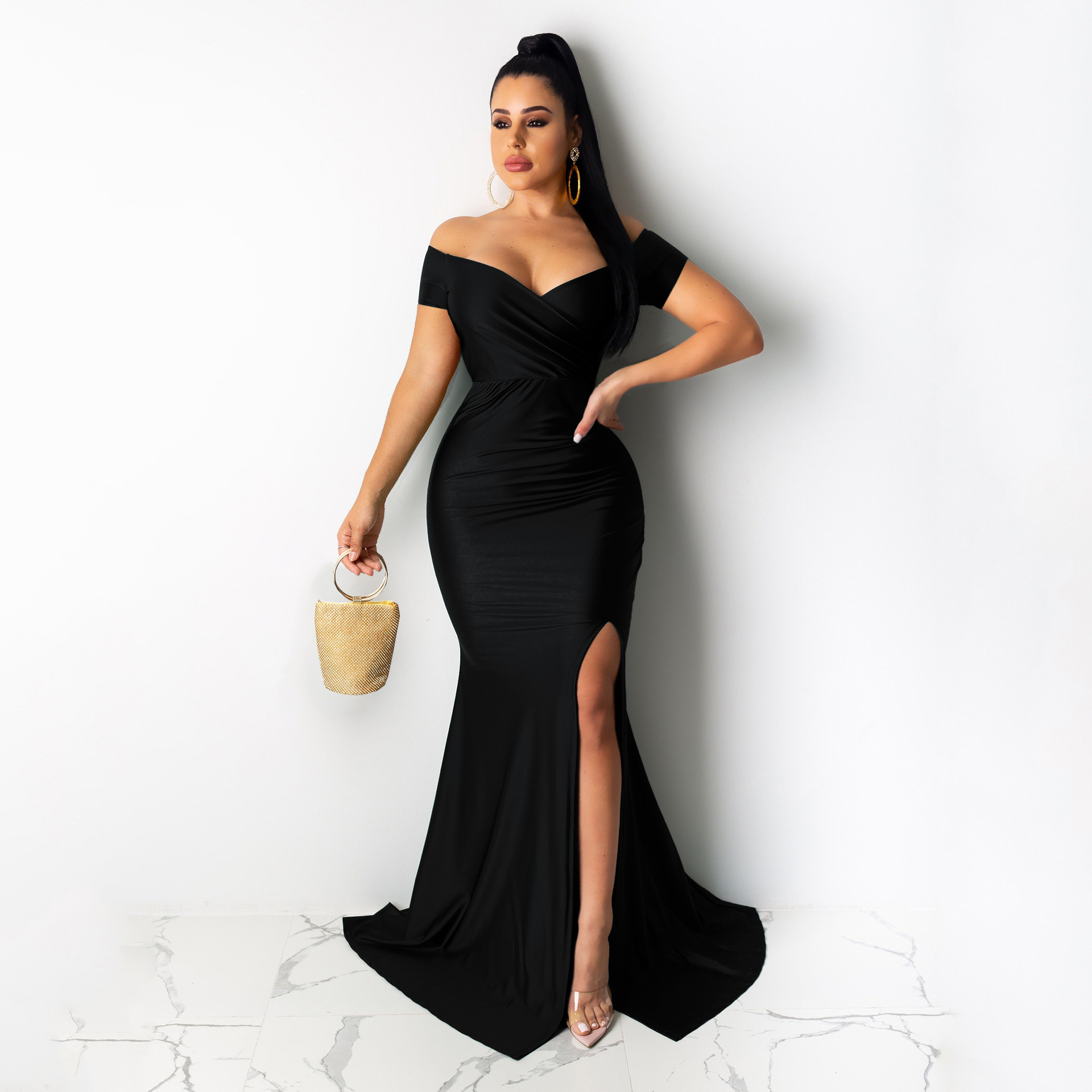 AL243 Cross-border European and American Women's Sexy Dress Nightclub V-neck Dress Solid Color Large Split Long Dress Spring and Summer Short Sleeve