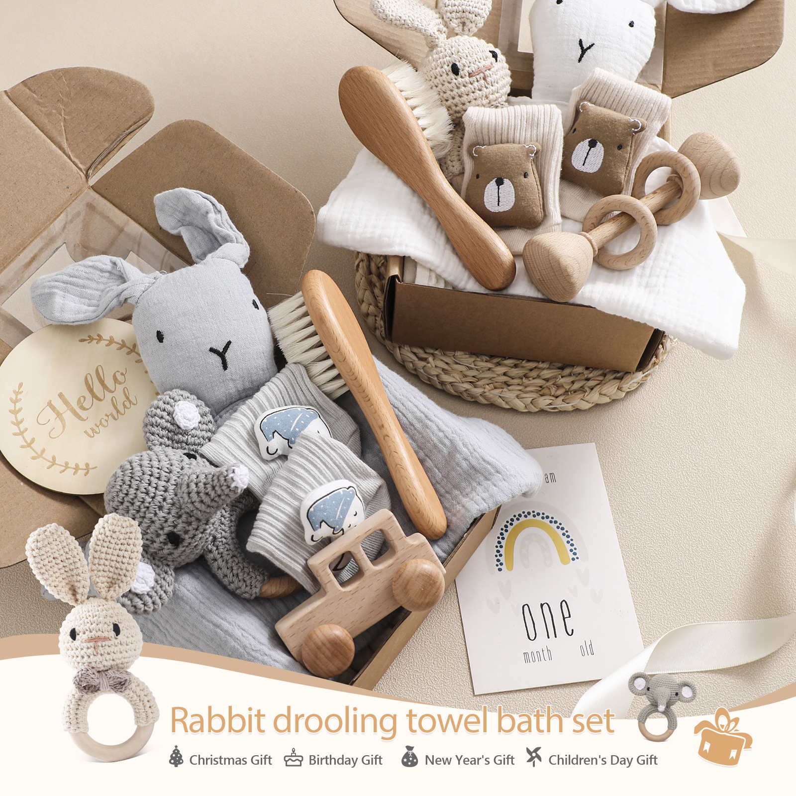 Newborn Infant Pacifying Rattle Rabbit Head Bath Towel Milestone Gift Box suit Crochet Rattle Socks Accompanying Gift
