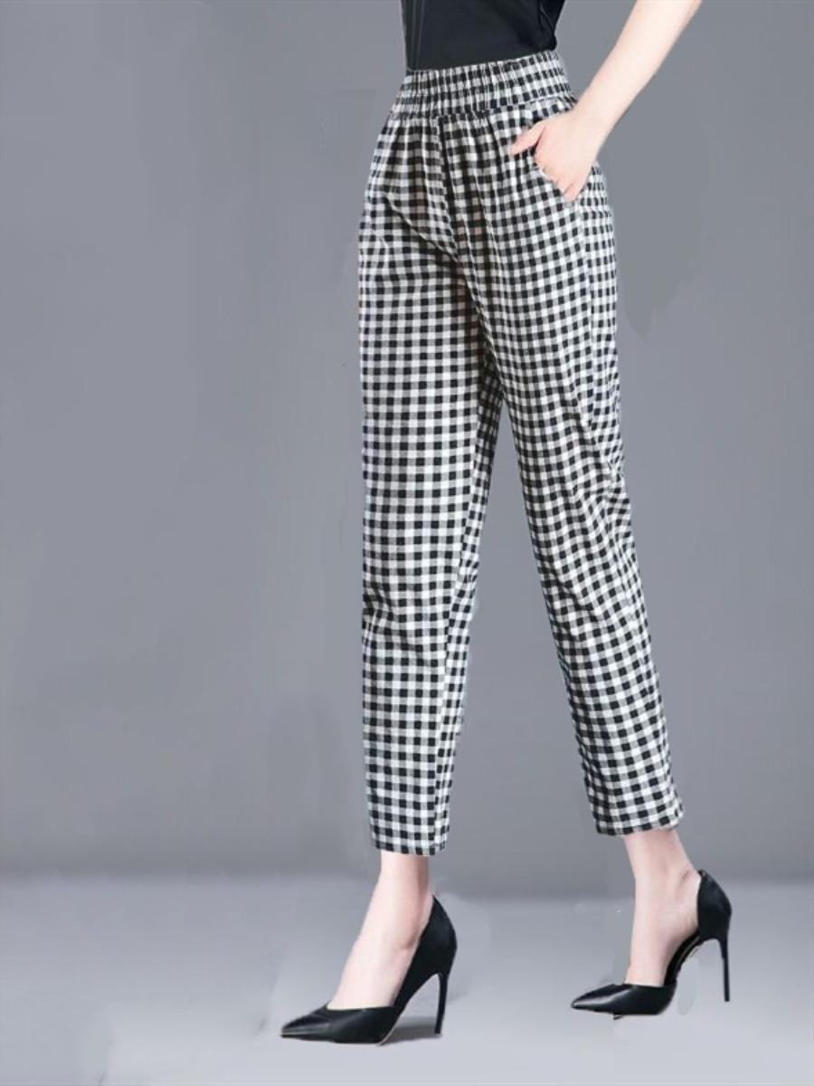 100 Cotton Women's Pants Large Size Cropped Pants Women's 2023 Summer New Arrival Loose Harlan Straight Casual Pants Women's Plaid
