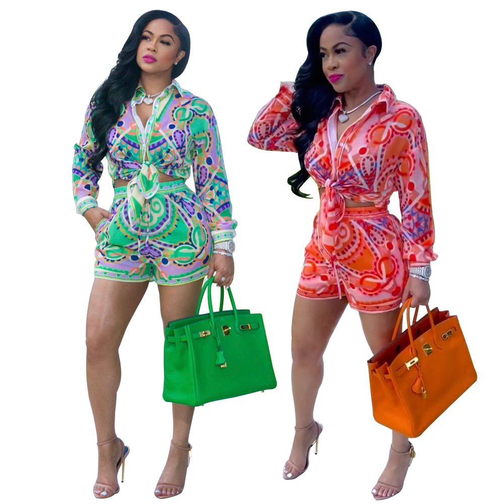 Cross-border Amazon Ebay digital printing long-sleeved shorts suit knotted shirt European and American fashion women's two-piece suit
