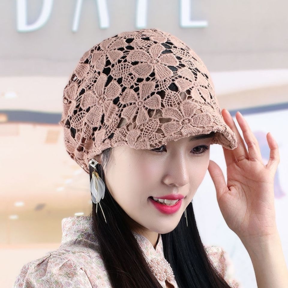 Spring/Summer 2022 New Hollow-out Flower Crochet Soft Rim Baotou Cap Breathable Knitted Tape Cap White Hair Cover Cap for Women