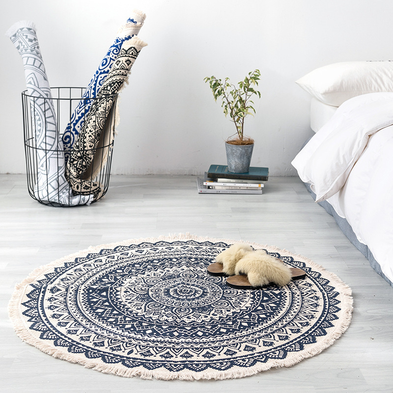 Cross-border Foreign Trade Imitation Cotton and Linen Retro Bedroom Living Room Bedside Carpet Floor Mat Living Room Dirt-resistant Tassel Printed Round Carpet